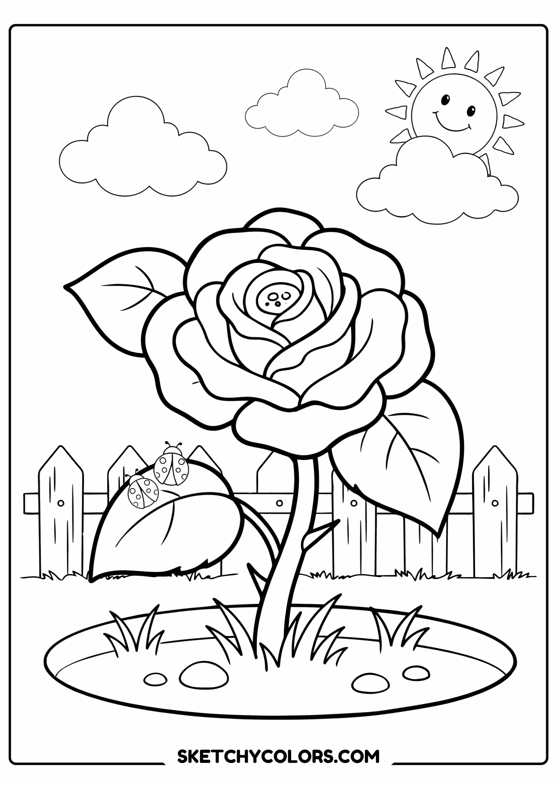 rose coloring page garden patch fence bloom free printable for kids