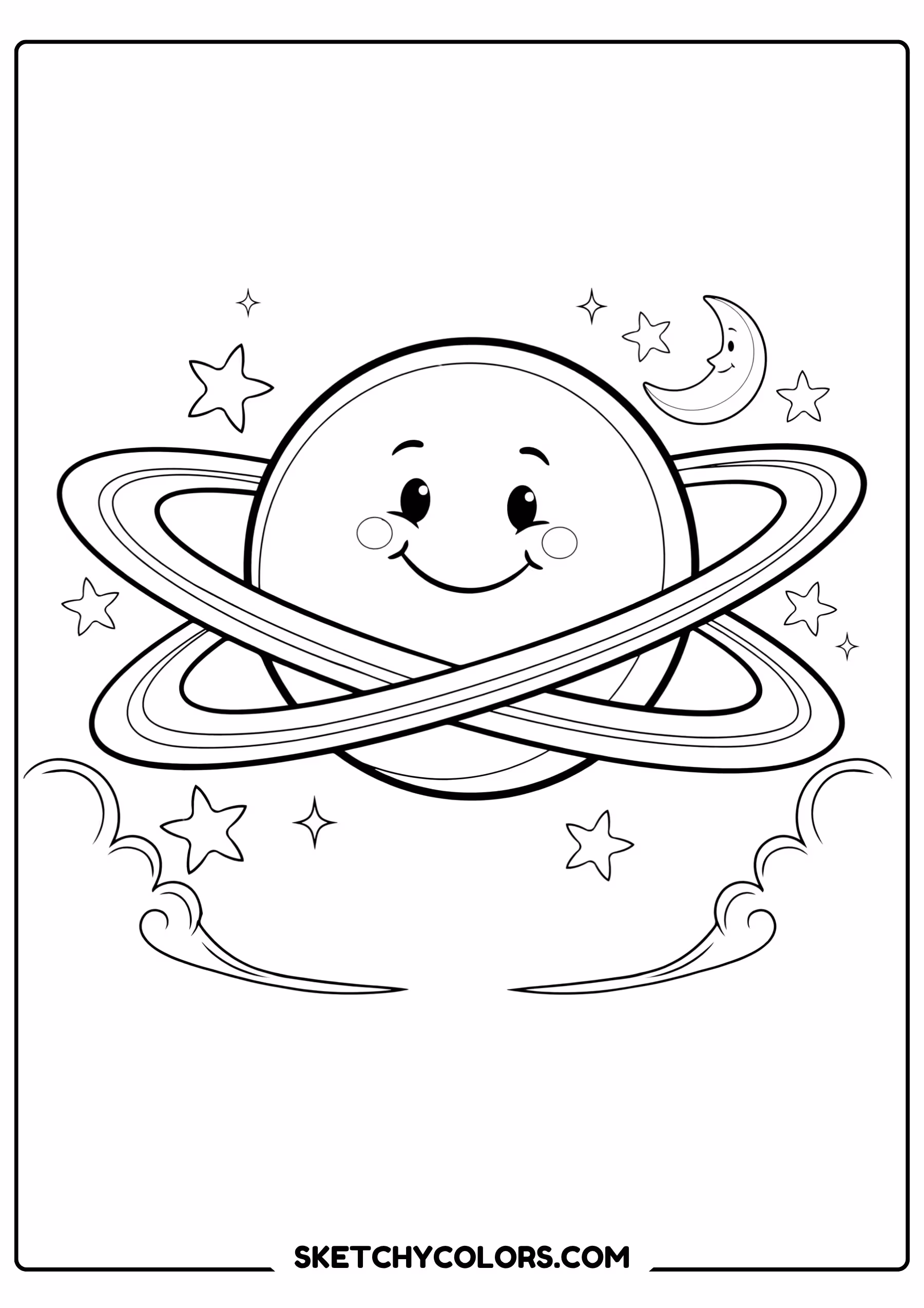 space coloring page smiling saturn rings stars free printable for kids