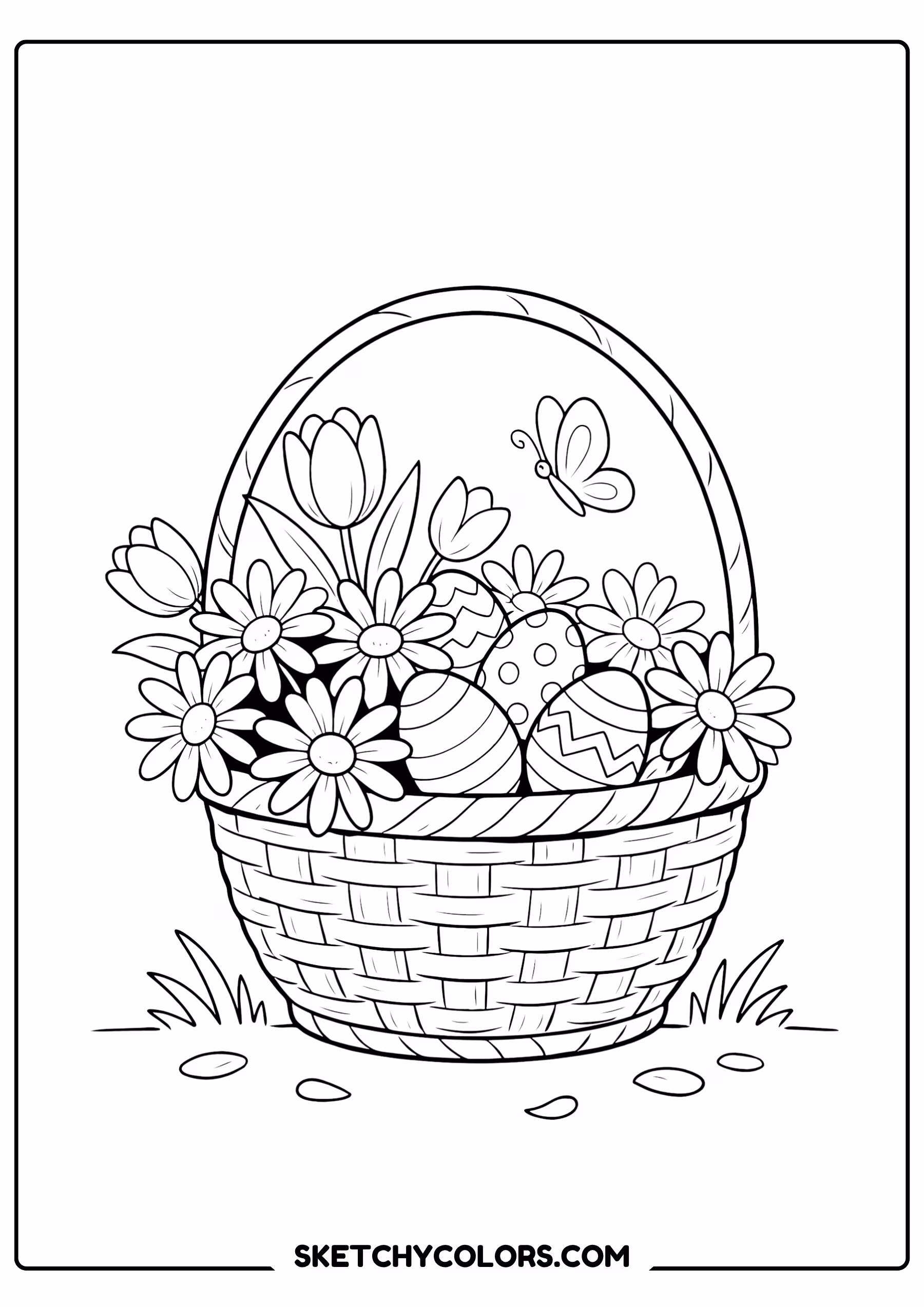 spring coloring page flower basket decorated eggs free printable for kids