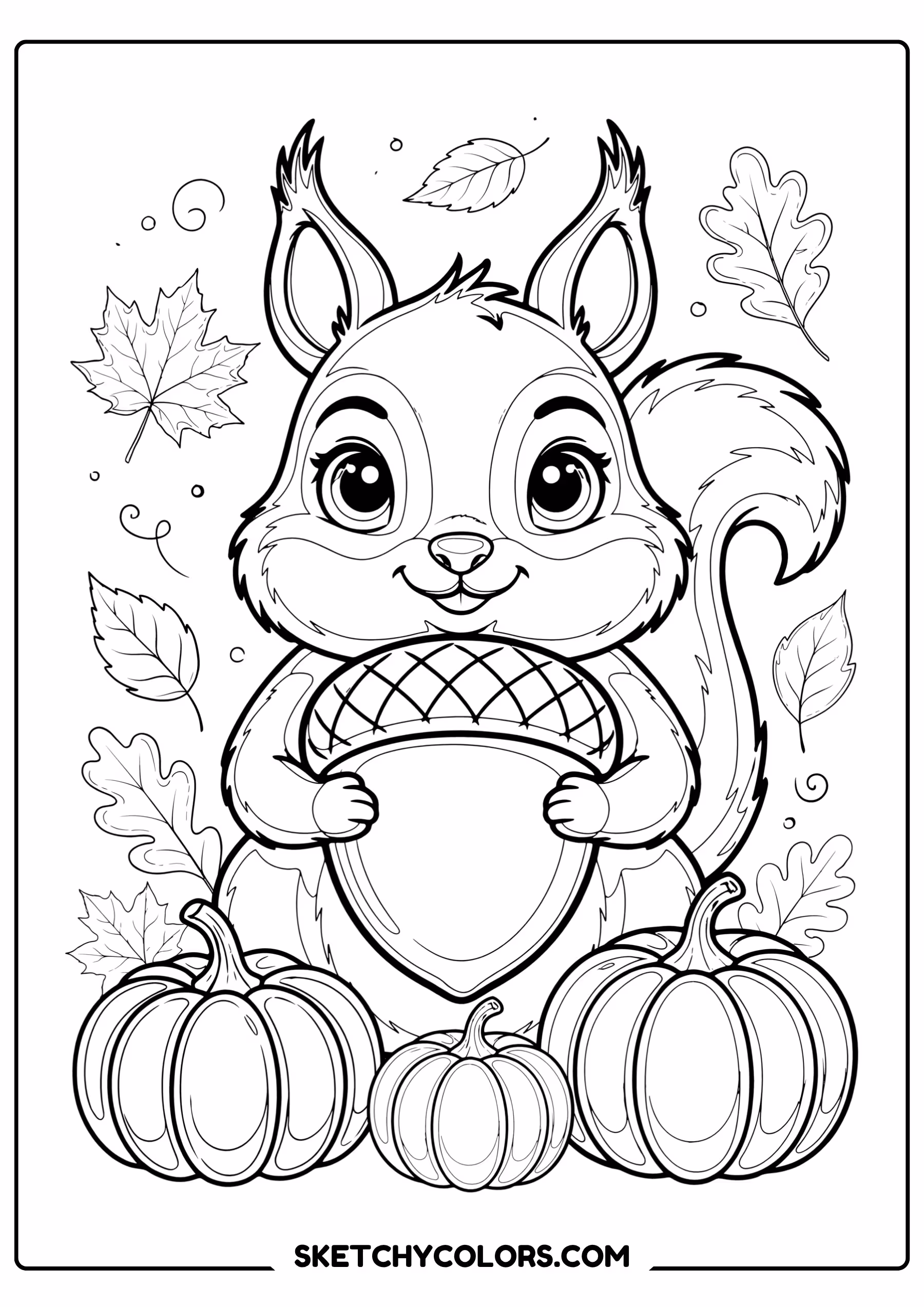 thanksgiving coloring page squirrel acorn autumn leaves free printable for kids