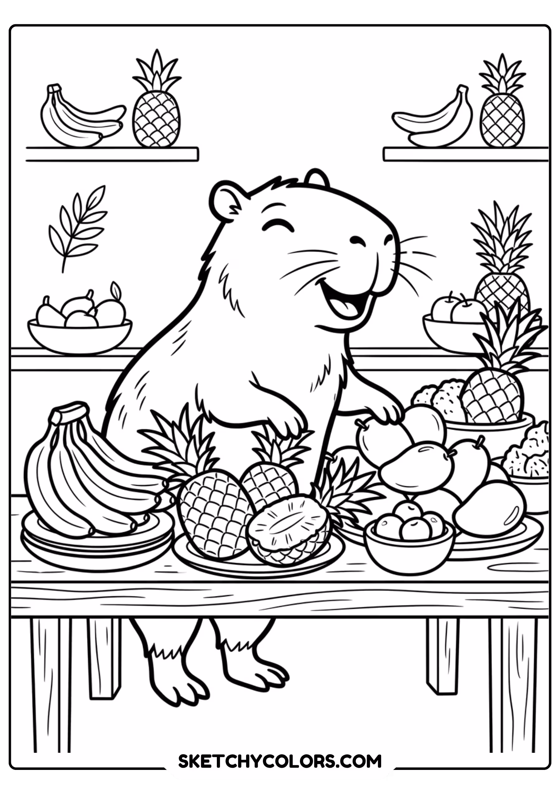 capybara floral frame free printable coloring page for kids
