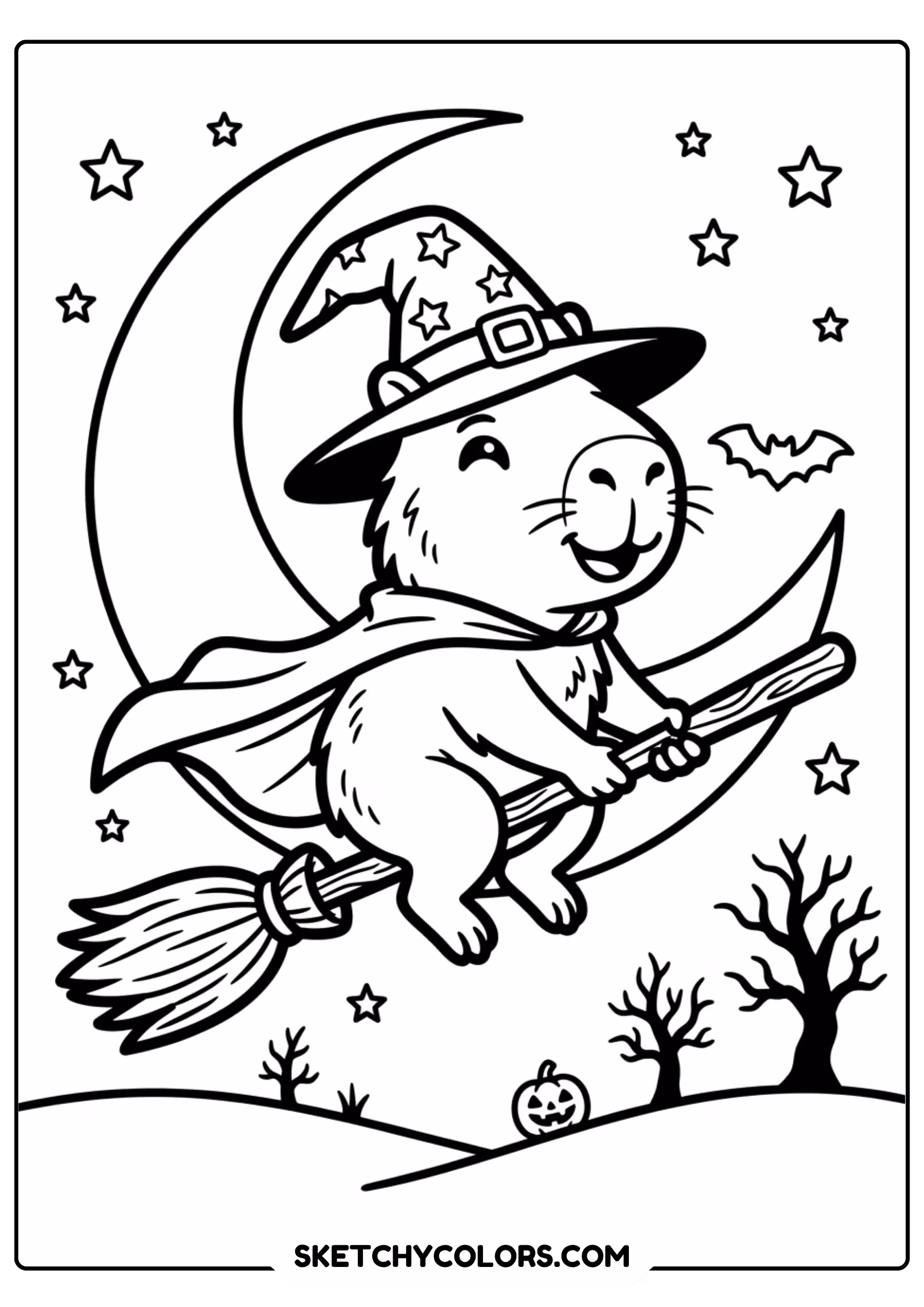 capybara witch halloween broom free printable coloring page for kids