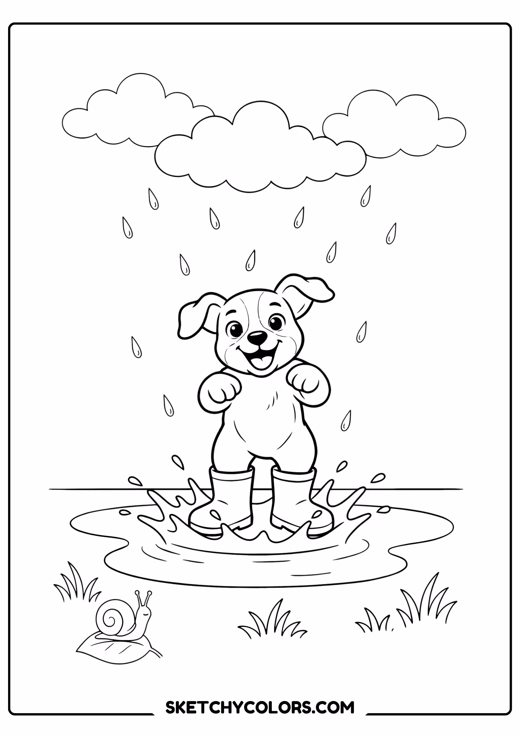 puppy splashing in a puddle free kids coloring printable