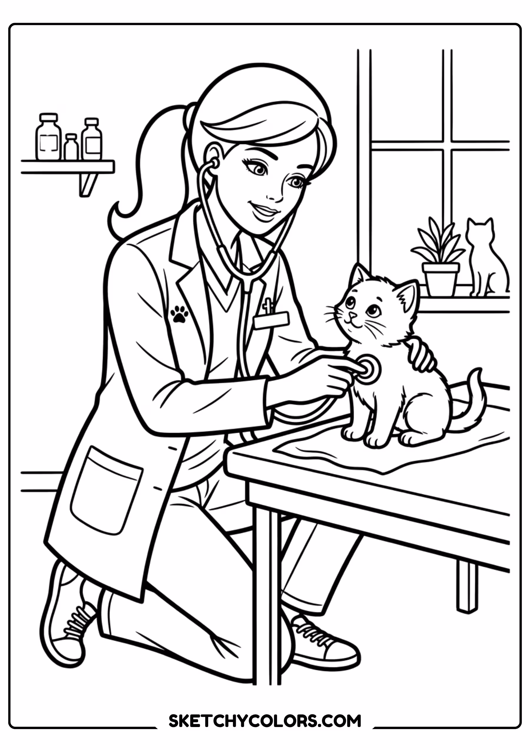 barbie the vet caring for a cat - free printable barbie coloring page