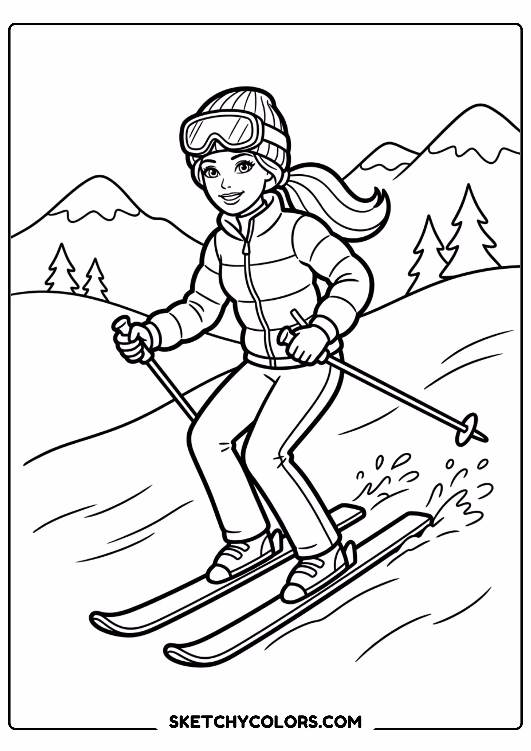 barbie on the ski slopes - free printable barbie coloring page