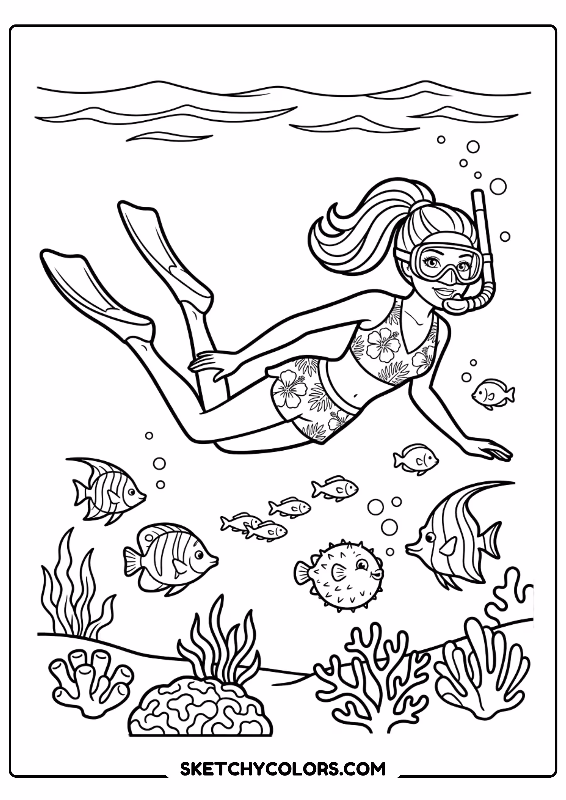 barbie scuba diving underwater - free printable barbie coloring page