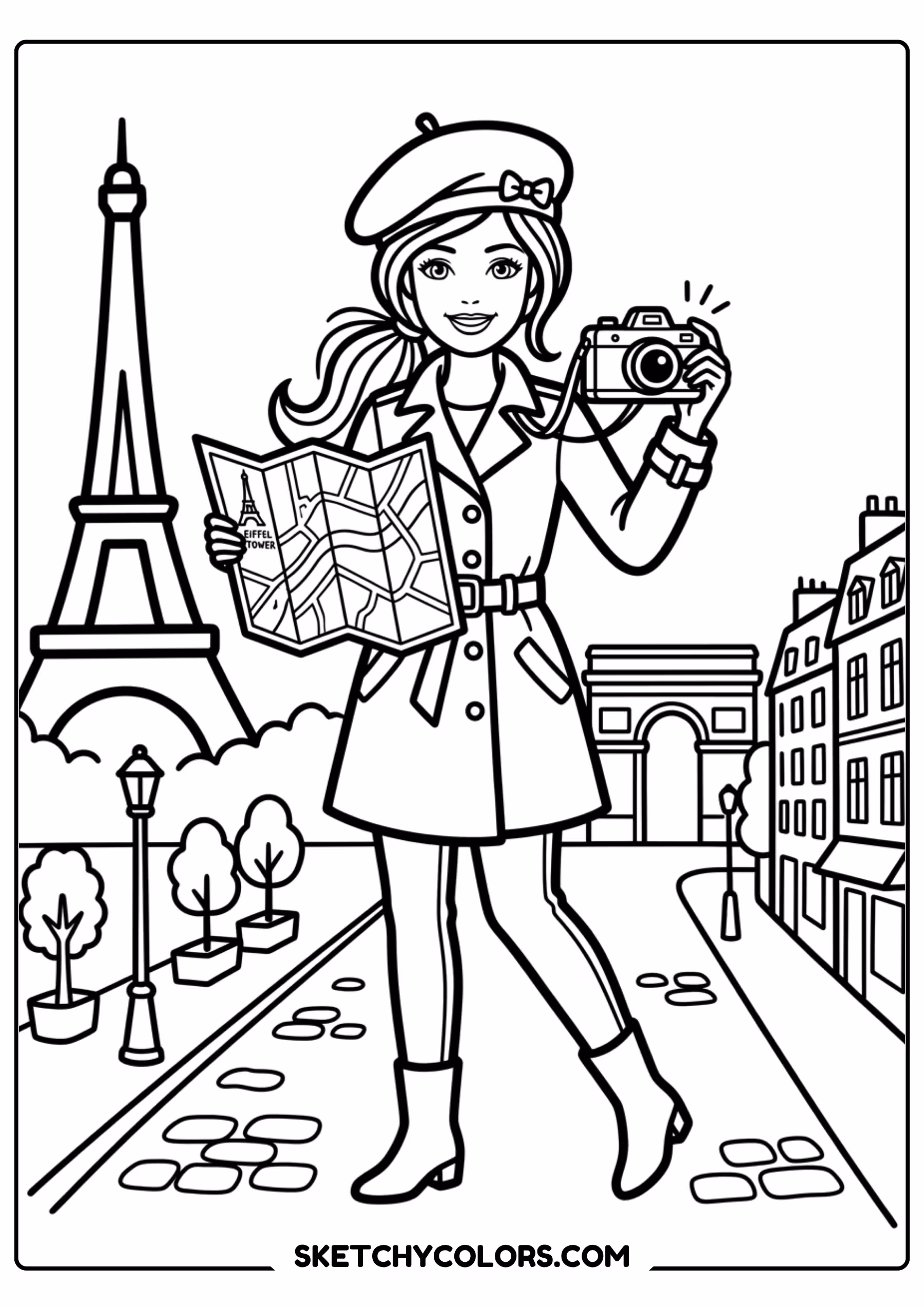 barbie tourist at the eiffel tower - free printable barbie coloring page