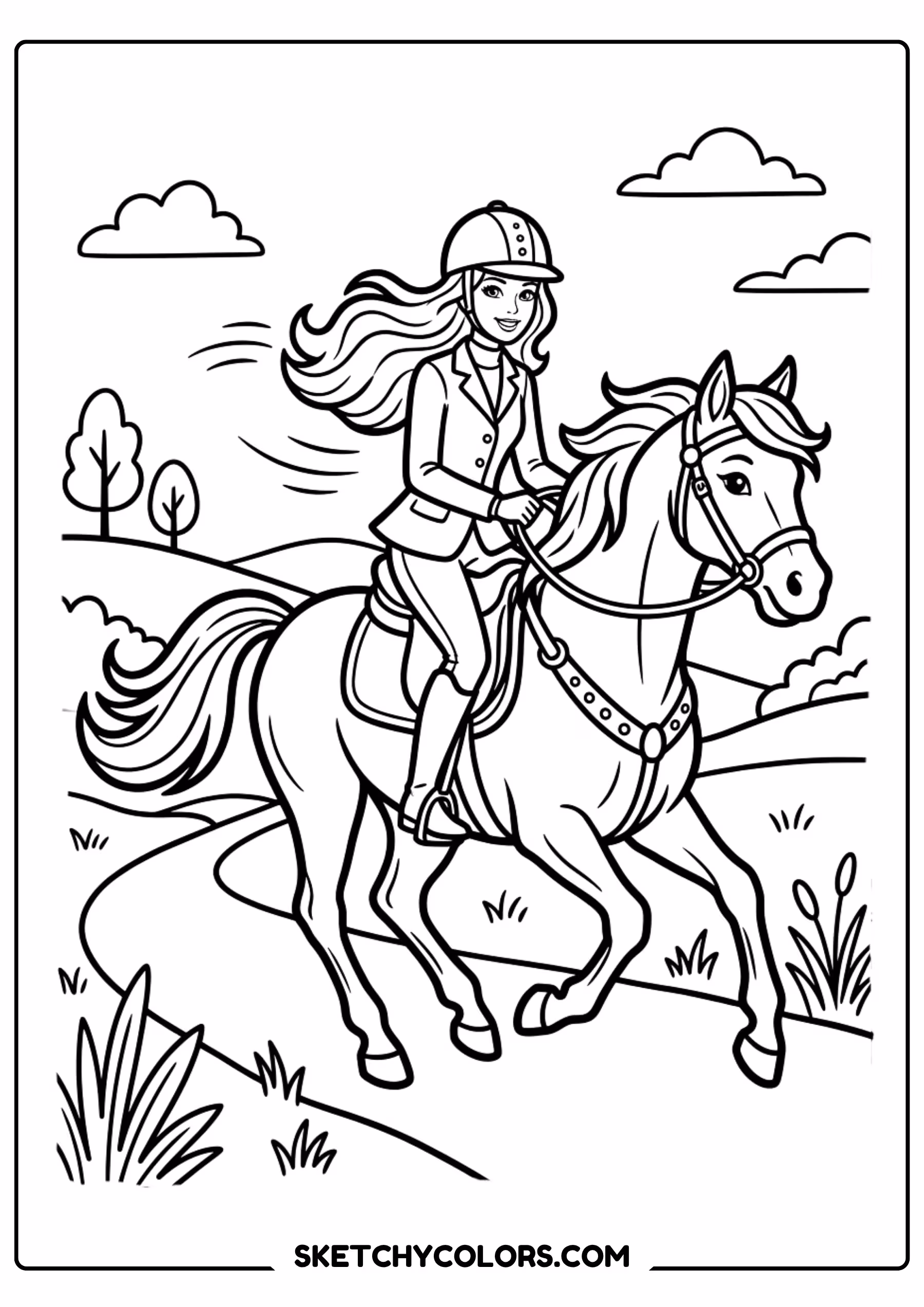 barbie horseback riding in the country - free printable barbie coloring page