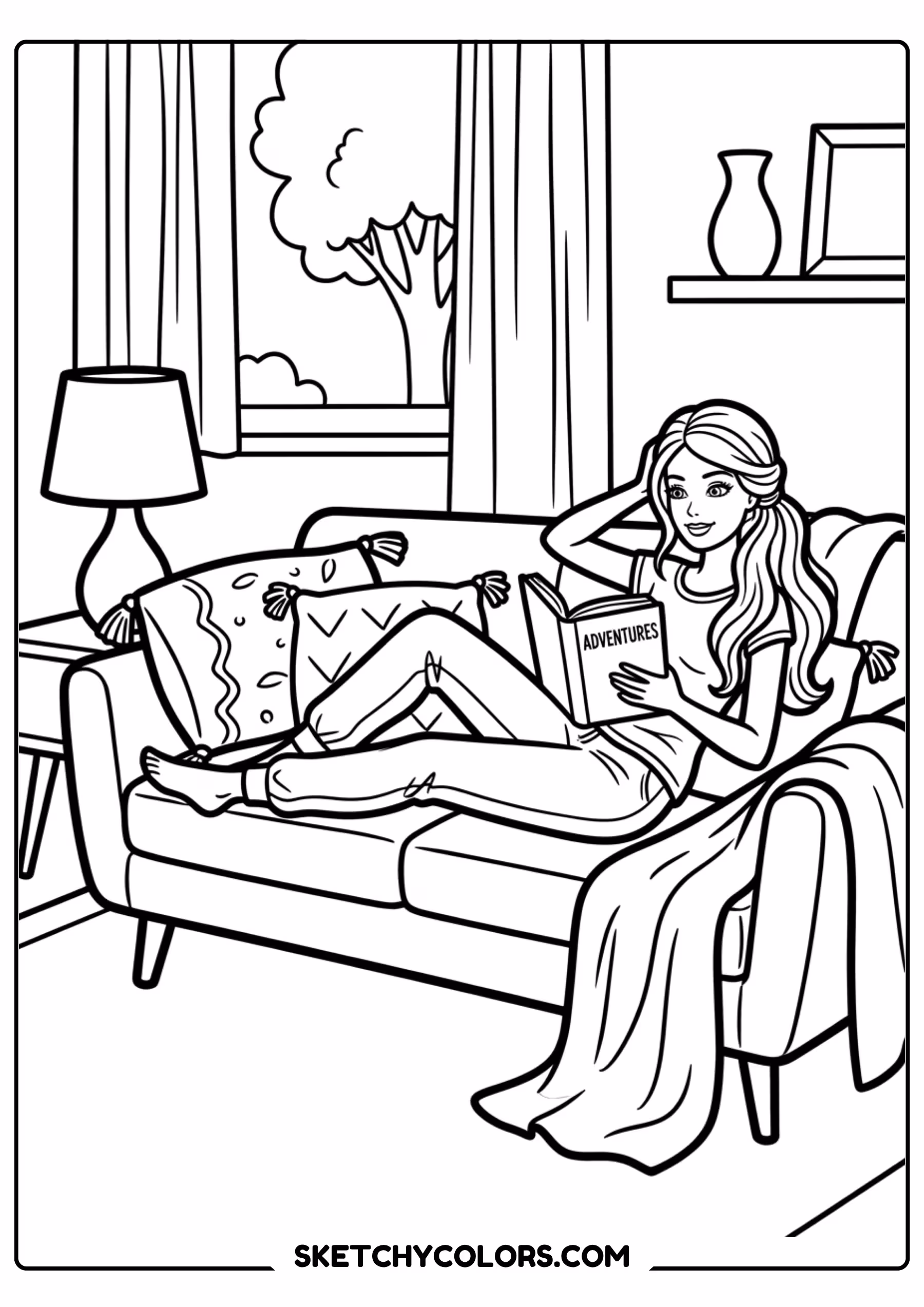 barbie reading on the couch - free printable barbie coloring page