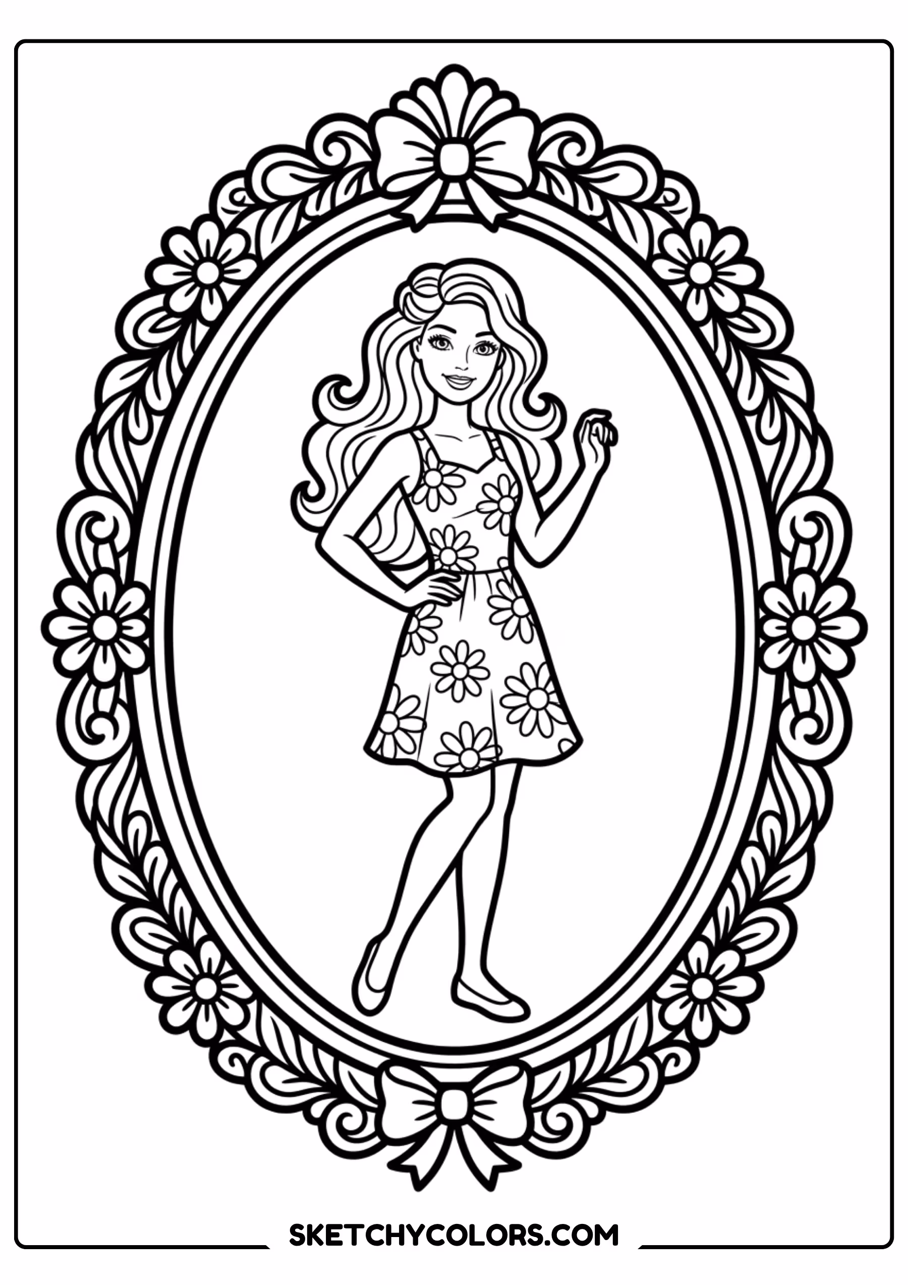 barbie styling at the glamour mirror - free printable barbie coloring page