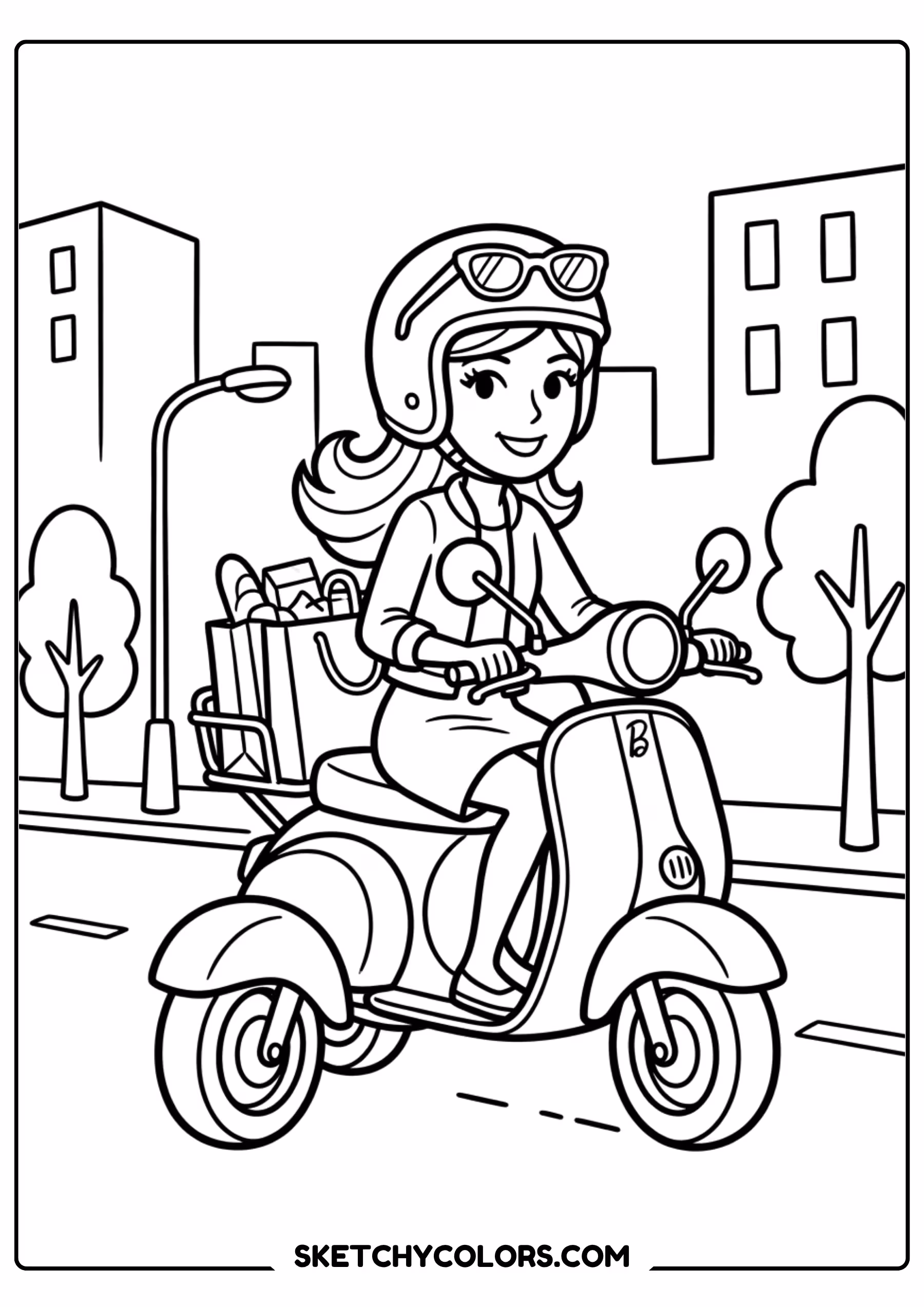 barbie on her pink scooter in the city - free printable barbie coloring page