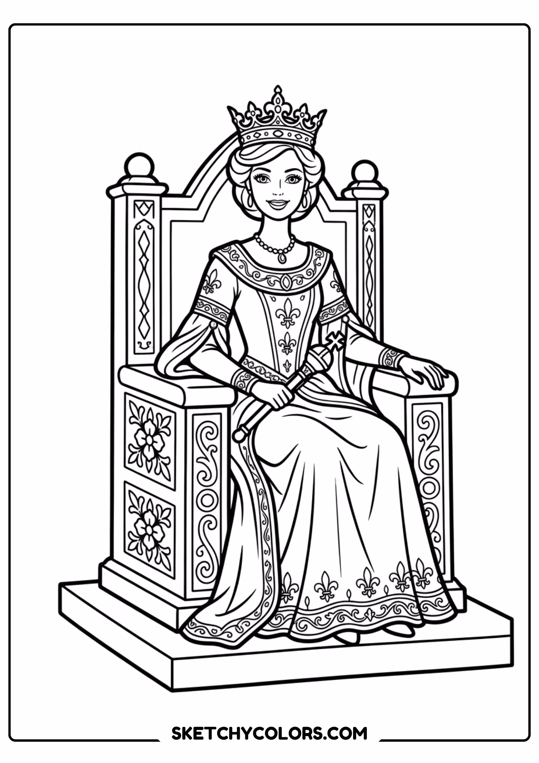 barbie the queen on her throne - free printable barbie coloring page