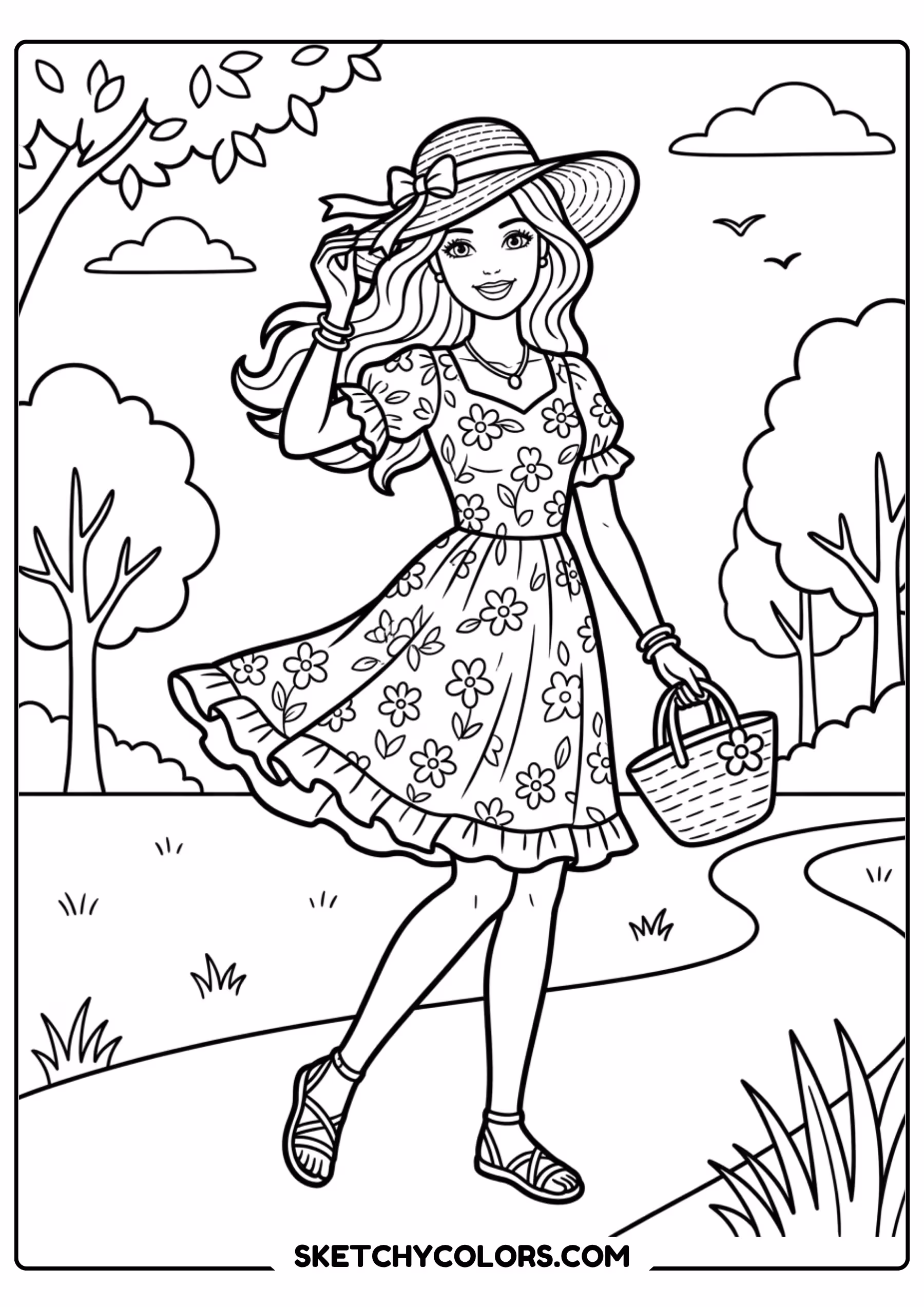 barbie with a picnic basket in the park - free printable barbie coloring page