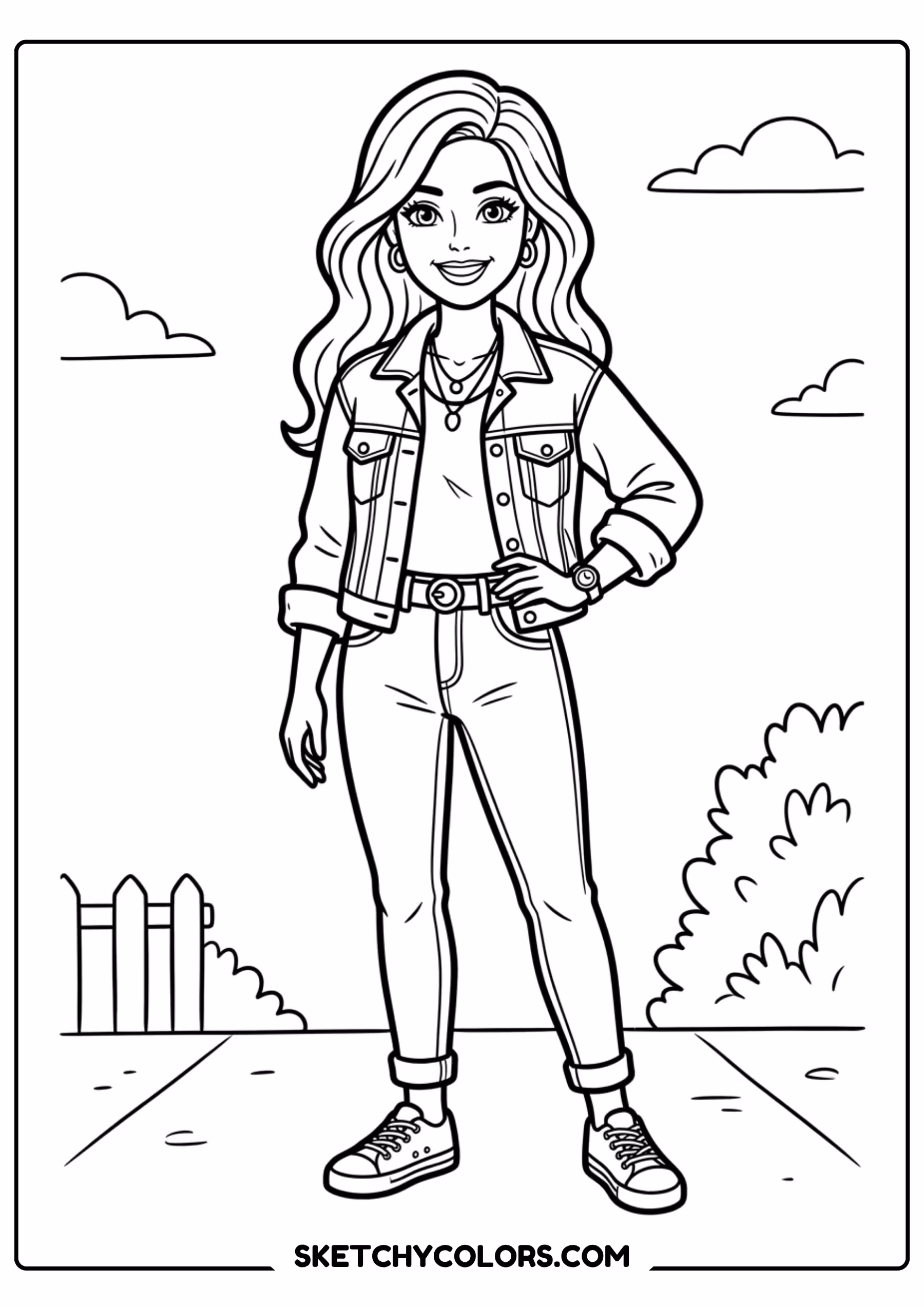 barbie in a denim jacket outfit - free printable barbie coloring page