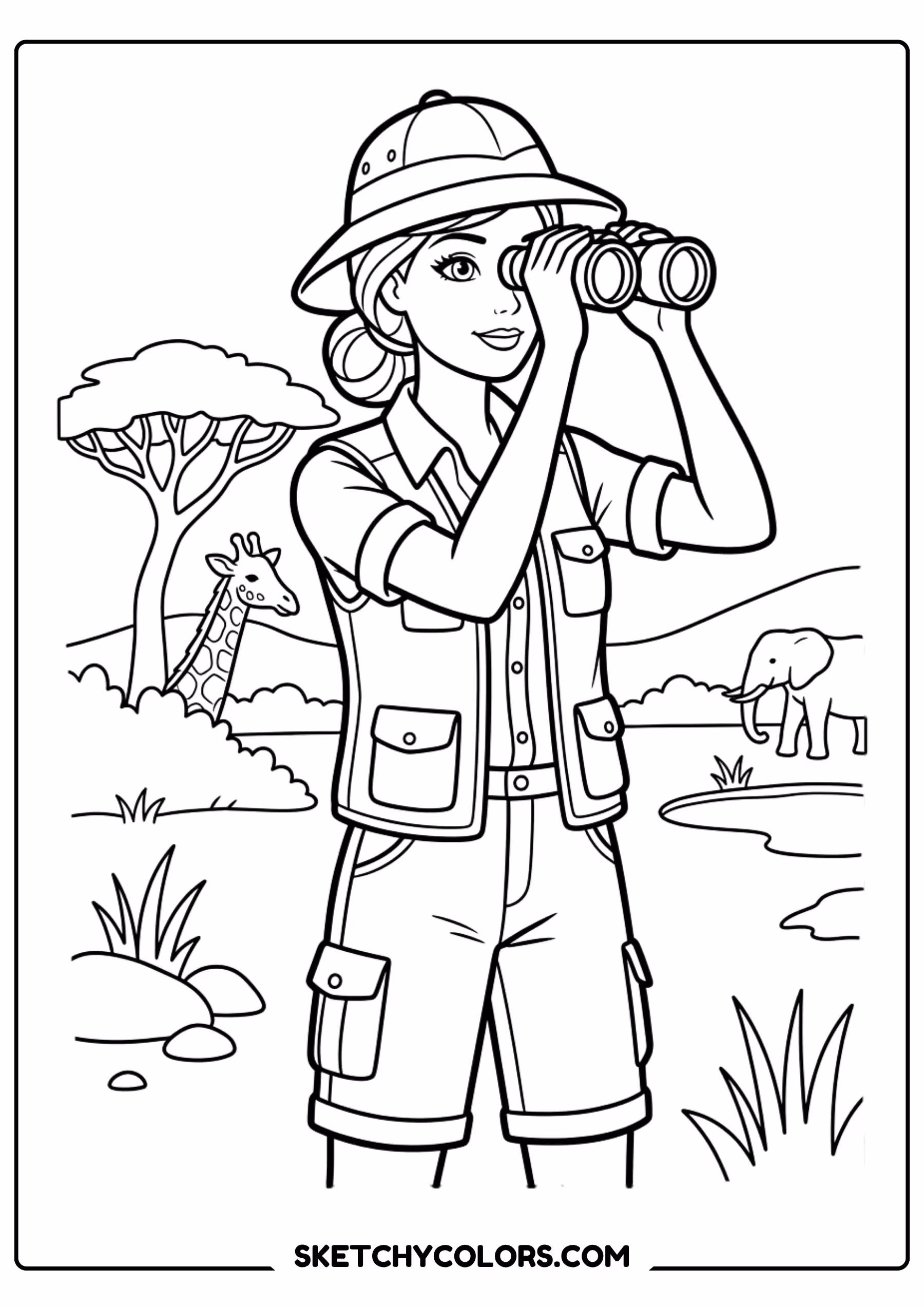 barbie the explorer with binoculars - free printable barbie coloring page