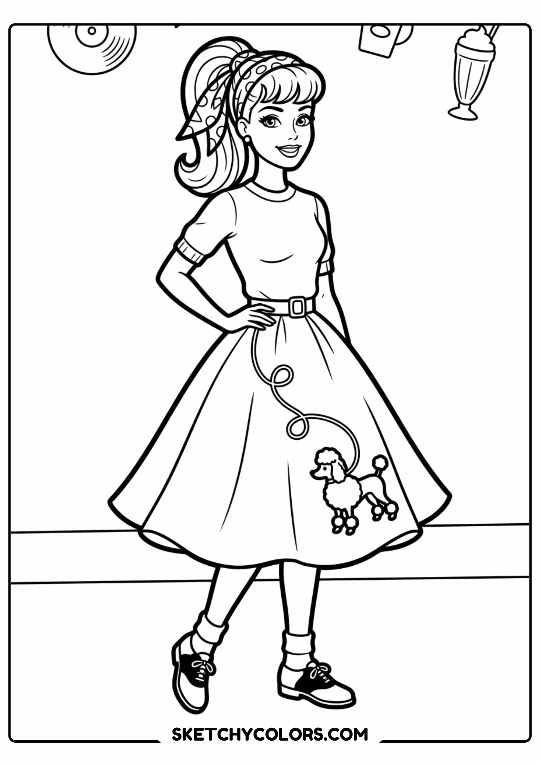 barbie in a retro 60s dress - free printable barbie coloring page