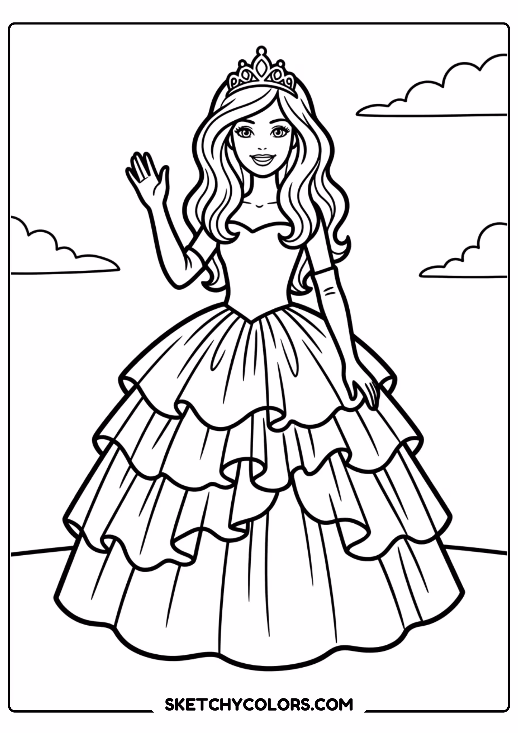 barbie in a ruffled party dress - free printable barbie coloring page