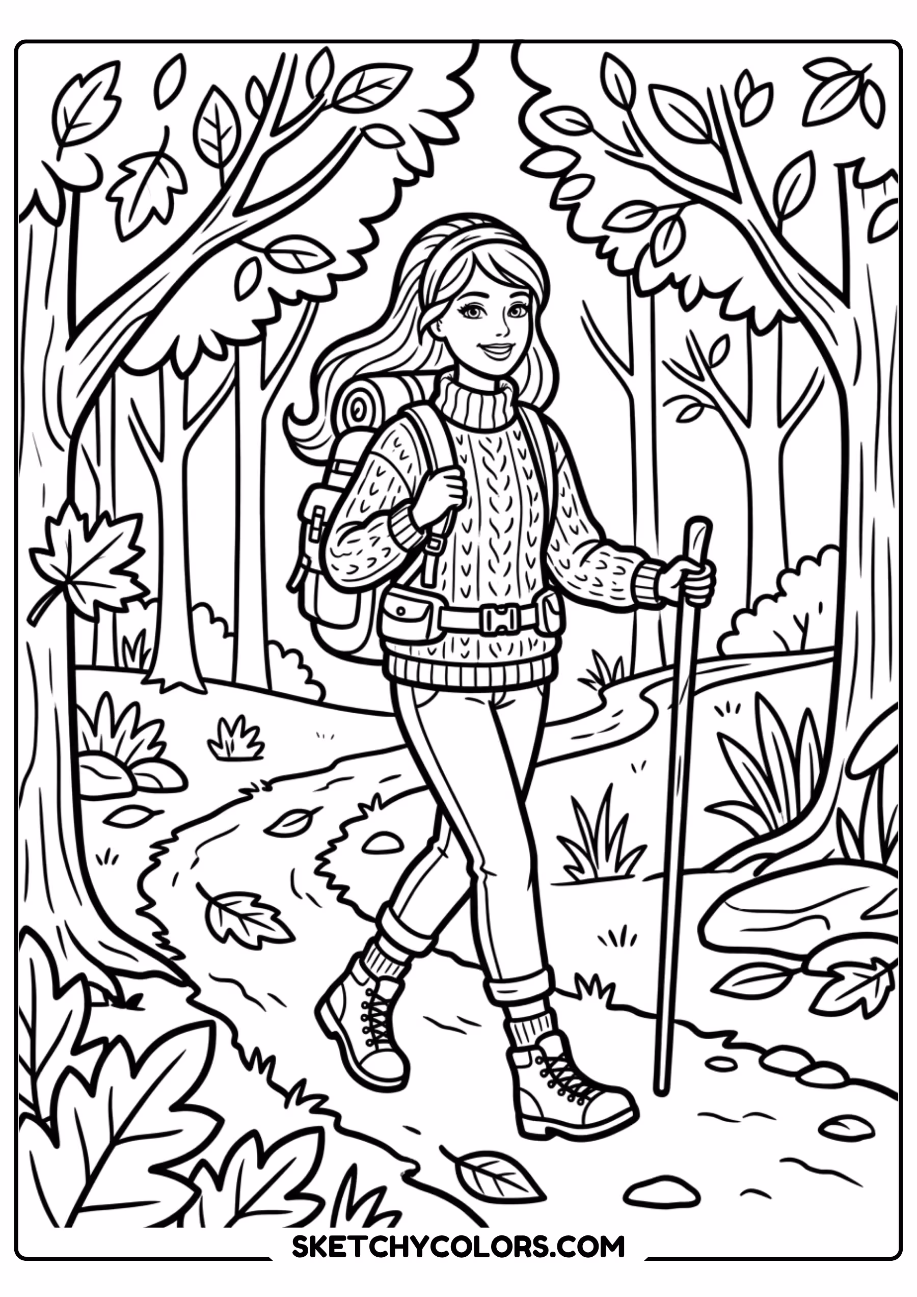 barbie in an autumn forest - free printable barbie coloring page