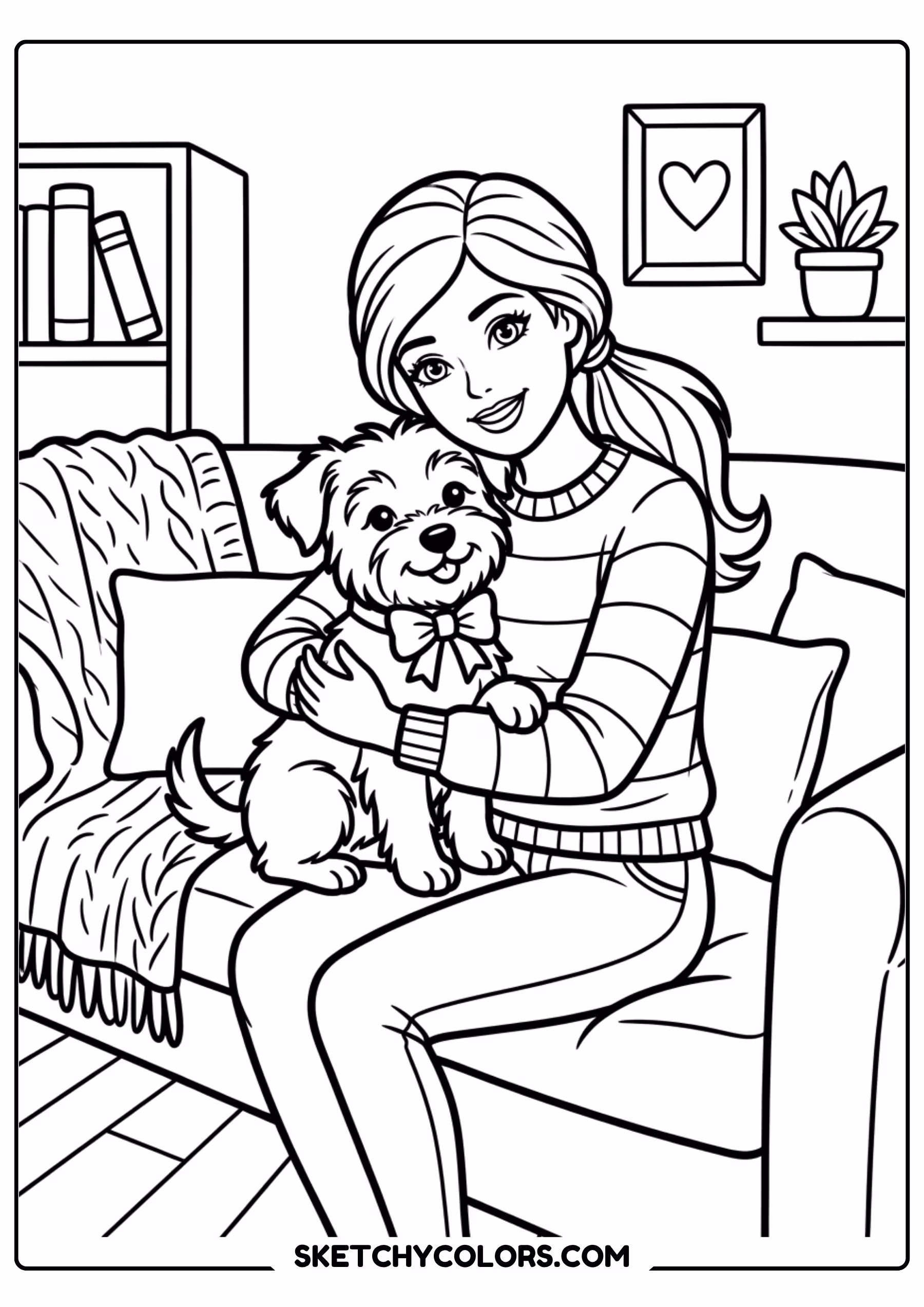 barbie cuddling with her puppy - free printable barbie coloring page