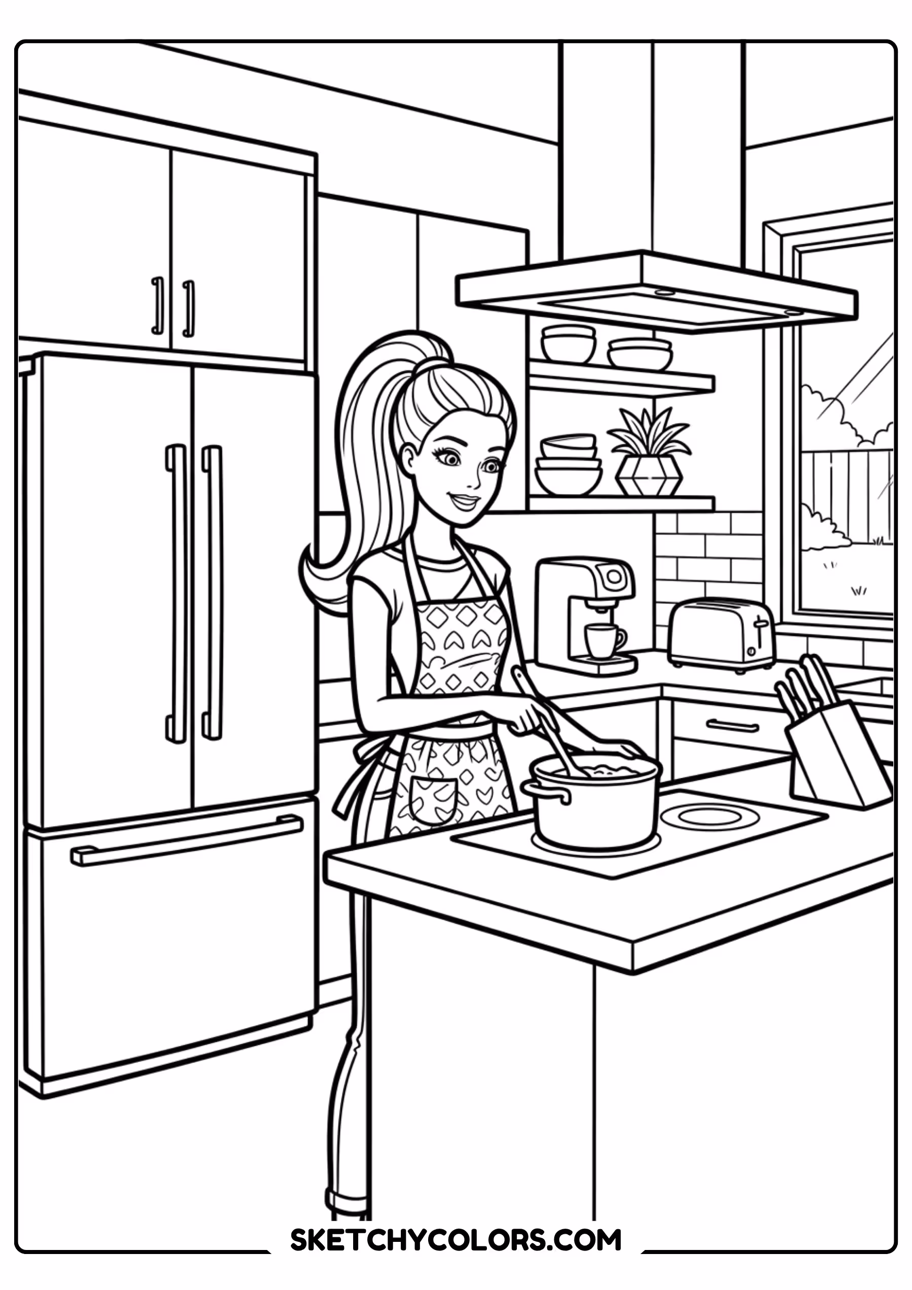barbie cooking in the kitchen - free printable barbie coloring page