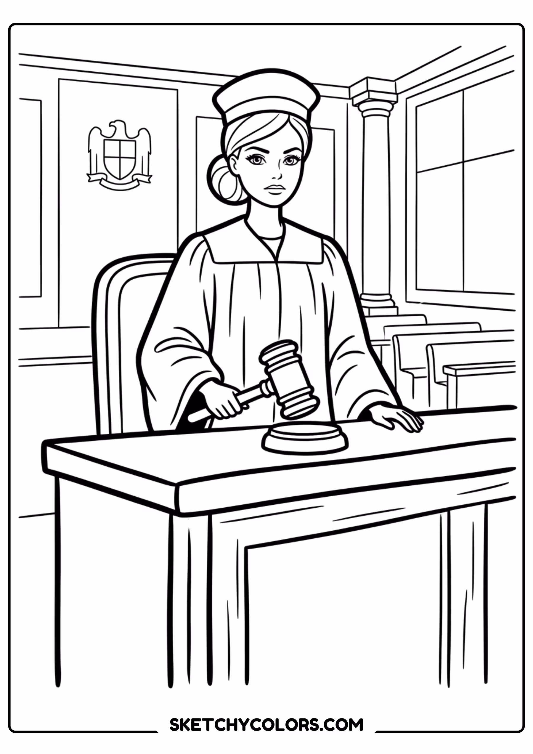 barbie the judge at her desk - free printable barbie coloring page
