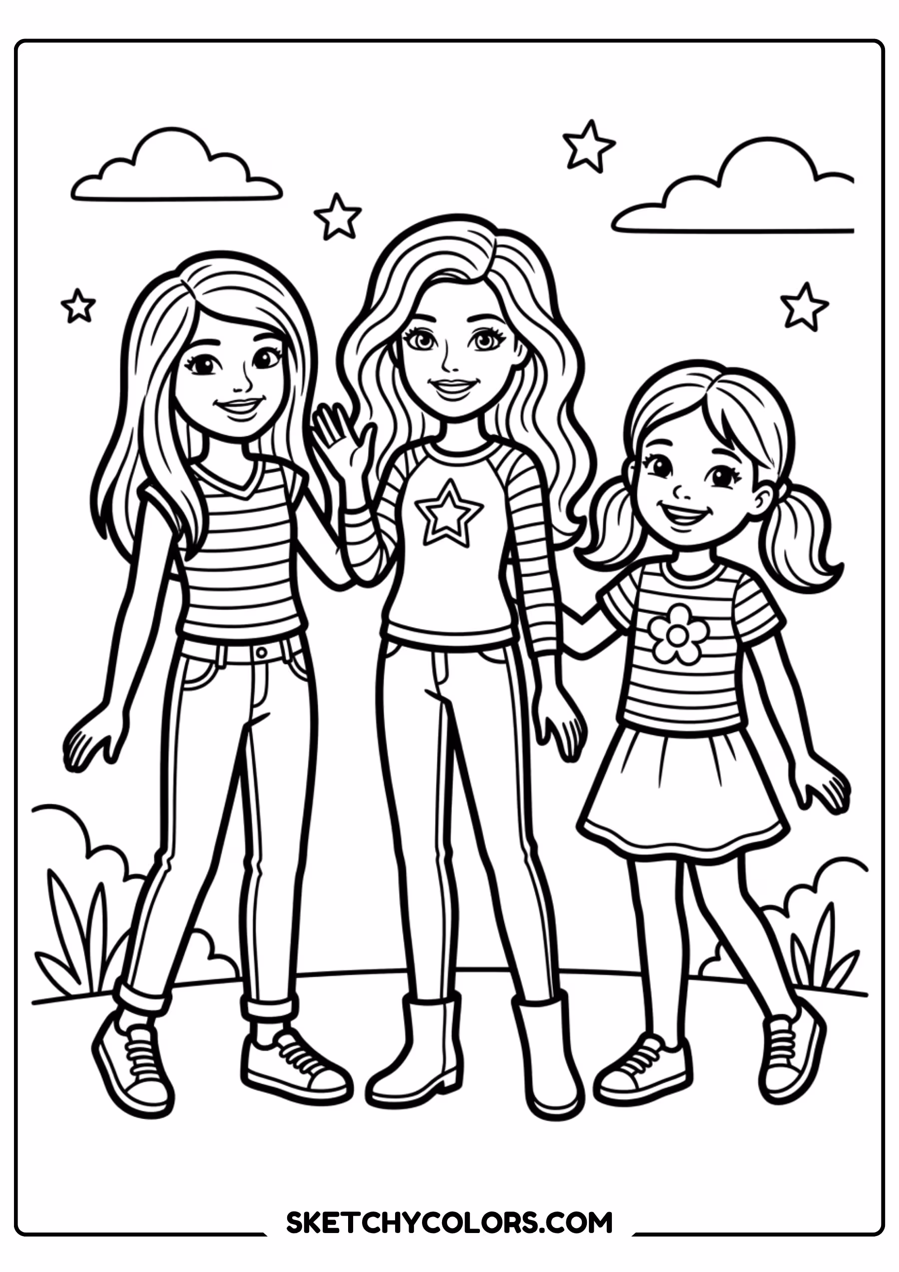 two girls in matching outfits - free printable barbie coloring page