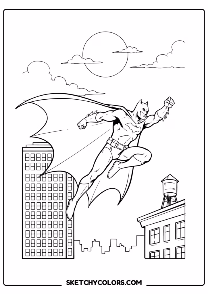 batman jumping across rooftops printable coloring sheet