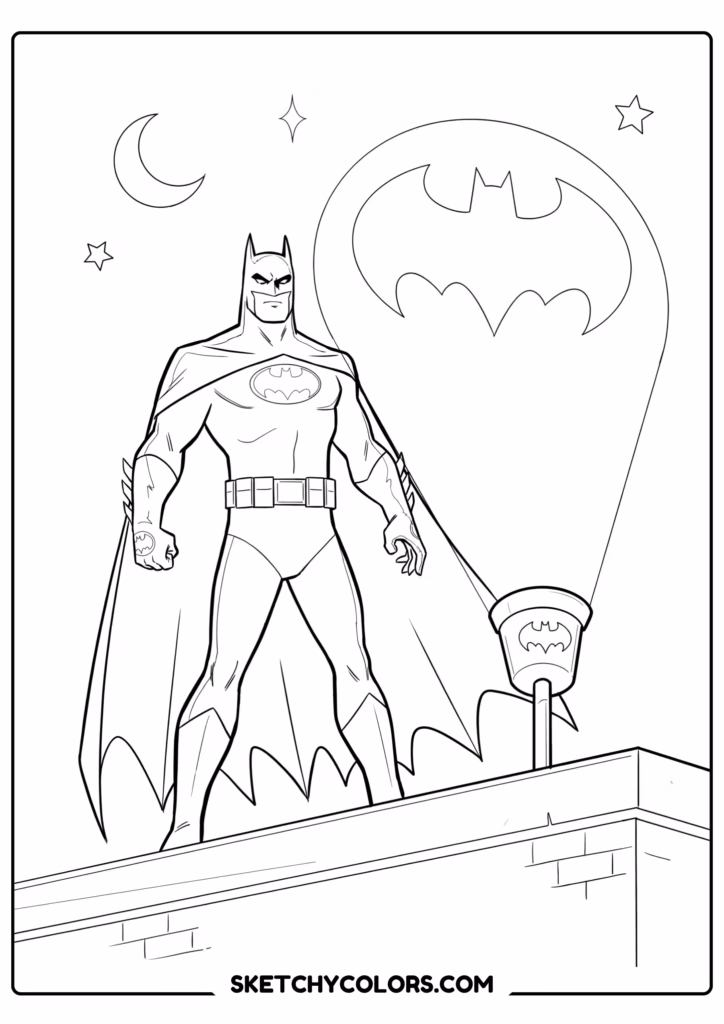 batman beside the bat-signal projector free printable coloring sheet