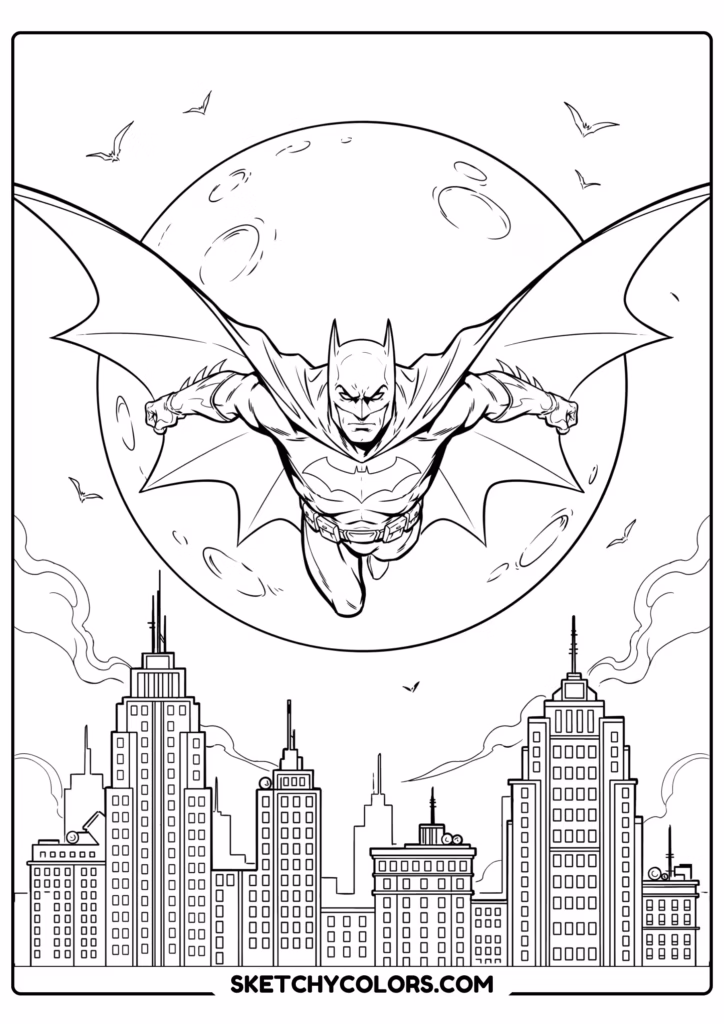 batman flying over gotham coloring sheet free printable