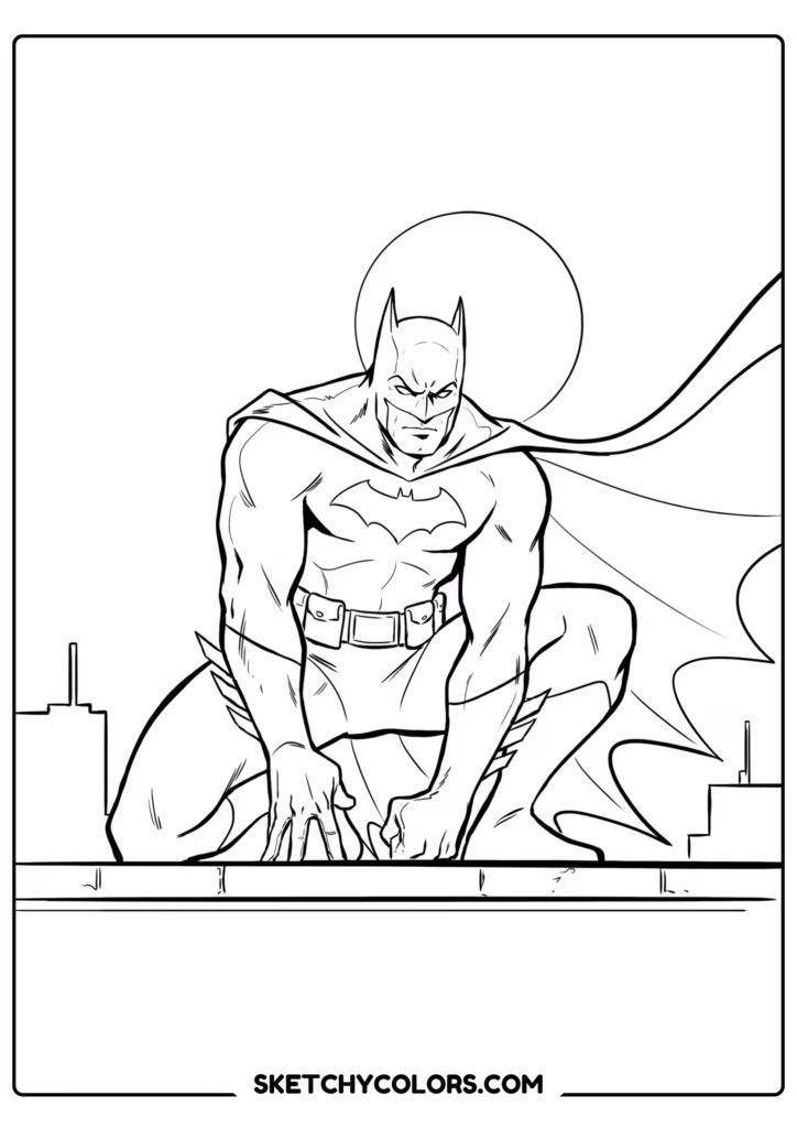 batman on a rooftop ledge free printable coloring sheet