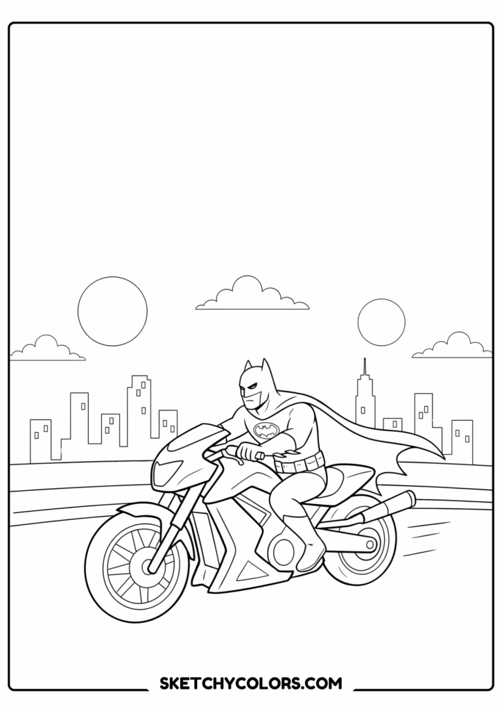 batman riding the batcycle printable coloring page pdf