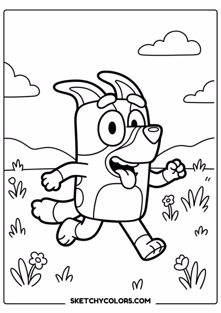 Bluey running coloring page free printable PDF