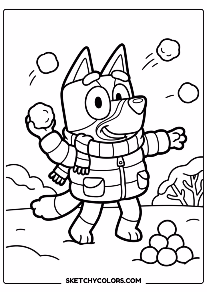 Bluey and Bingo winter dancing coloring page free printable PDF