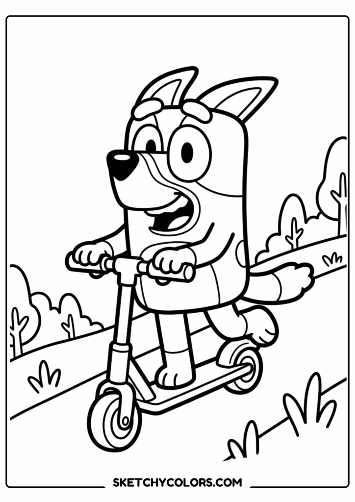 Bluey dancing excitedly coloring page free printable PDF