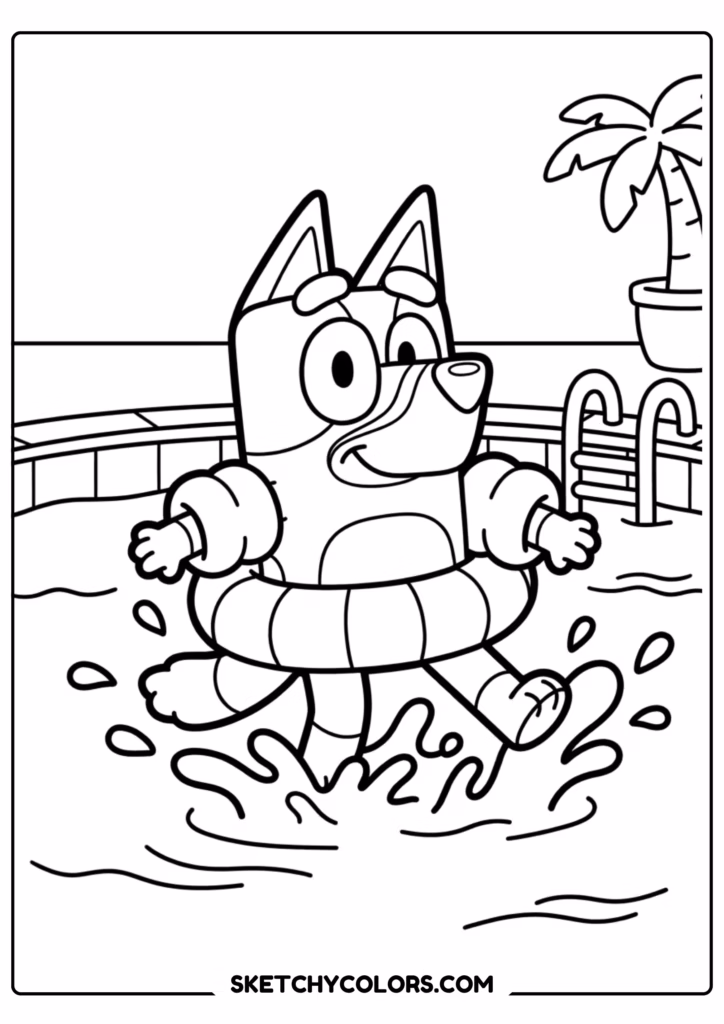 Bluey on swing coloring page free printable PDF