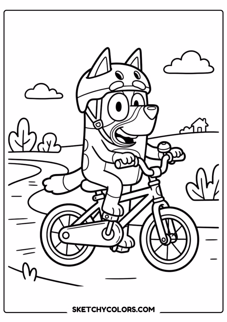 Bluey riding bicycle coloring page free printable PDF