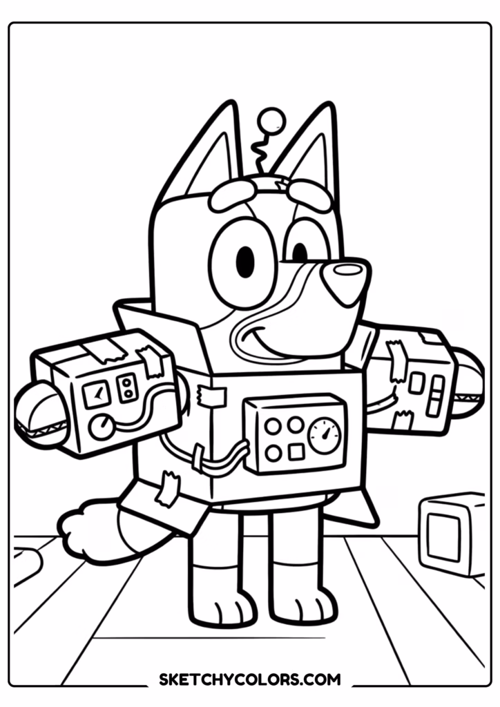 Bluey with boombox coloring page free printable PDF