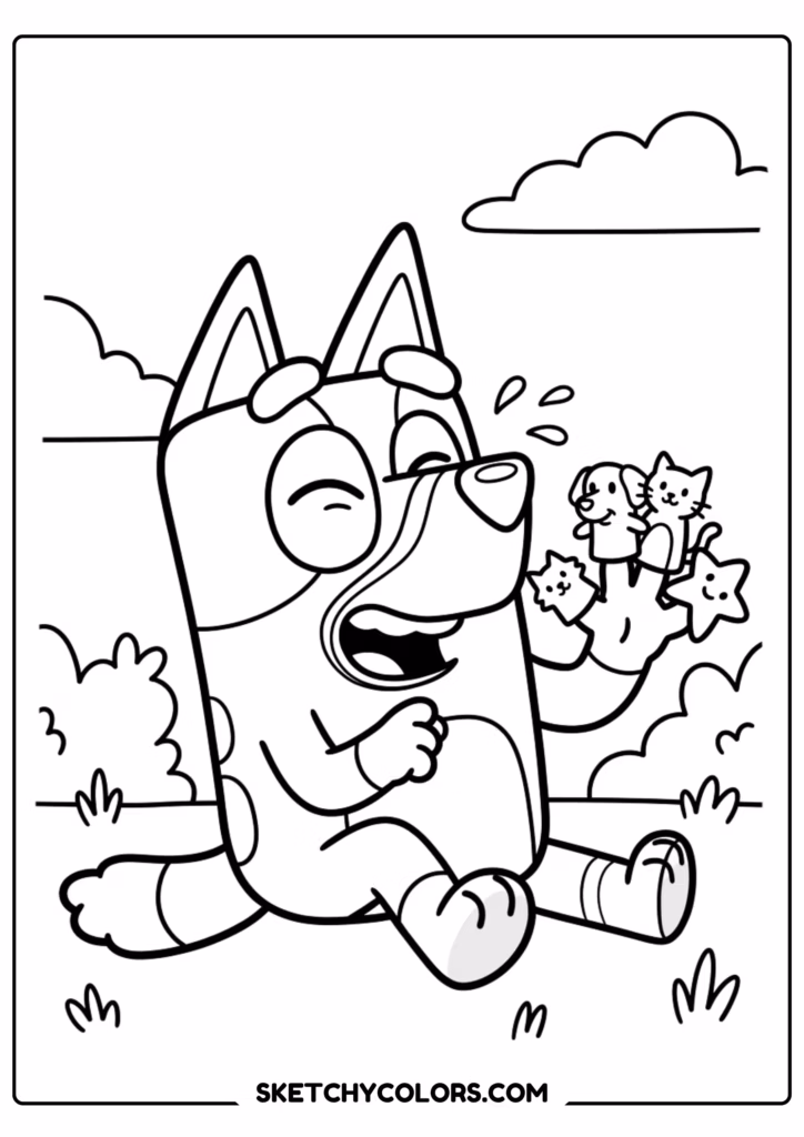 Bluey and Bingo with kitten coloring page free printable PDF