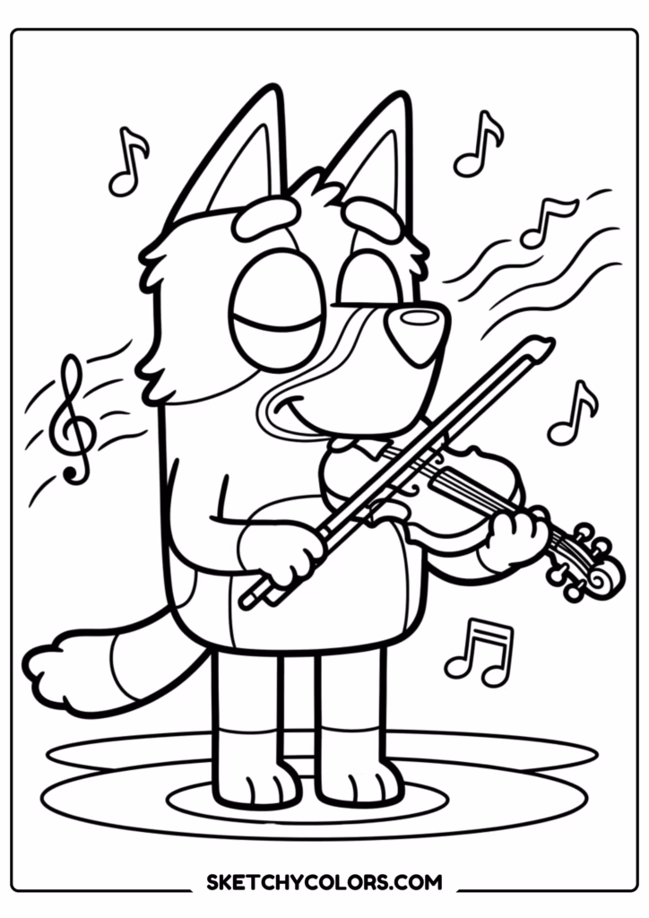 Bluey playing violin coloring page free printable PDF