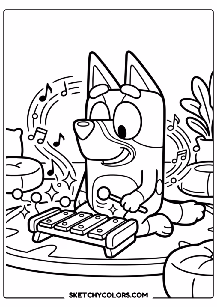 Bluey playing piano coloring page free printable PDF