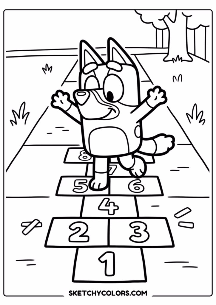 Bluey playing drums coloring page free printable PDF