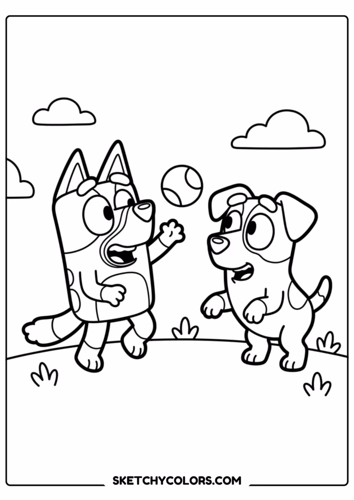 Bluey and Bingo party balloons coloring page free printable PDF