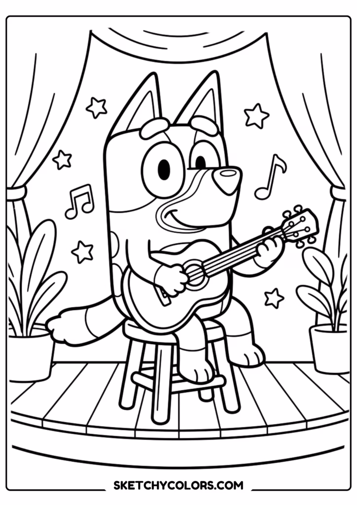 Bluey playing guitar coloring page free printable PDF