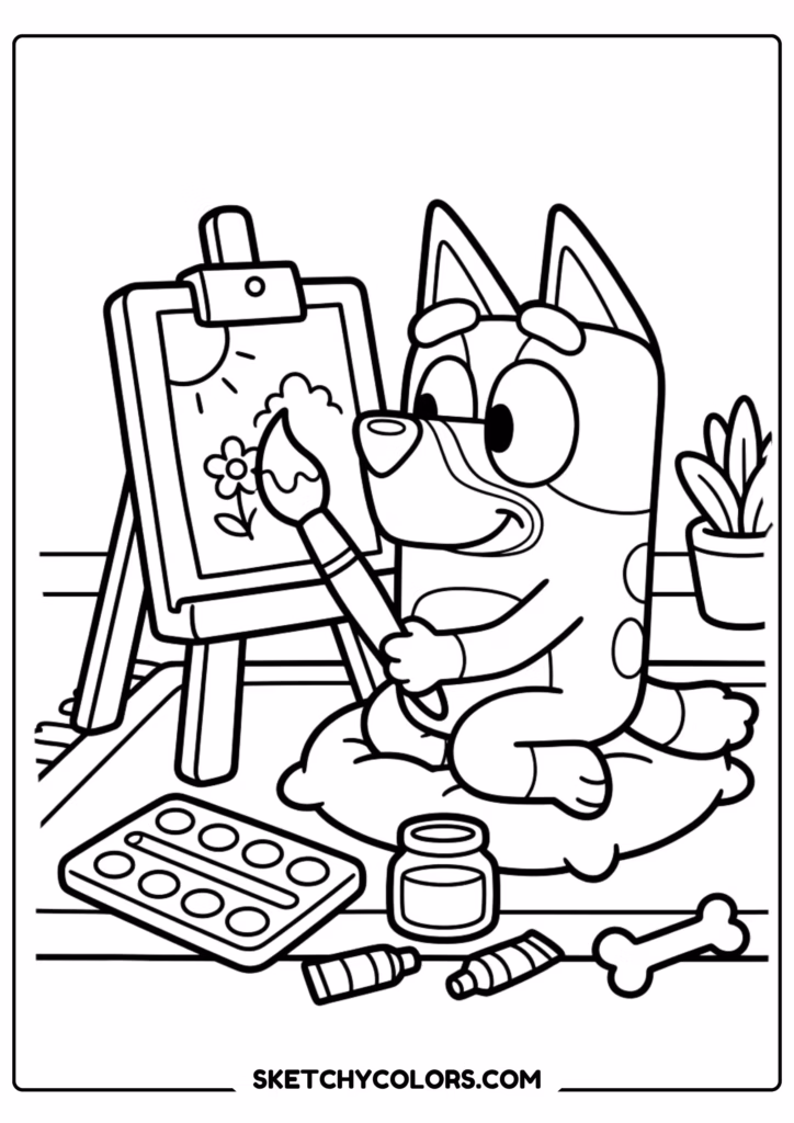 Bluey painting at easel coloring page free printable PDF