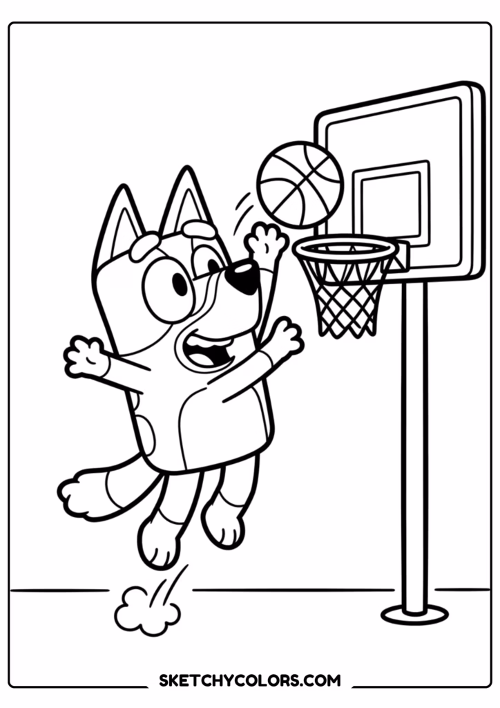 Bluey playing basketball coloring page free printable PDF