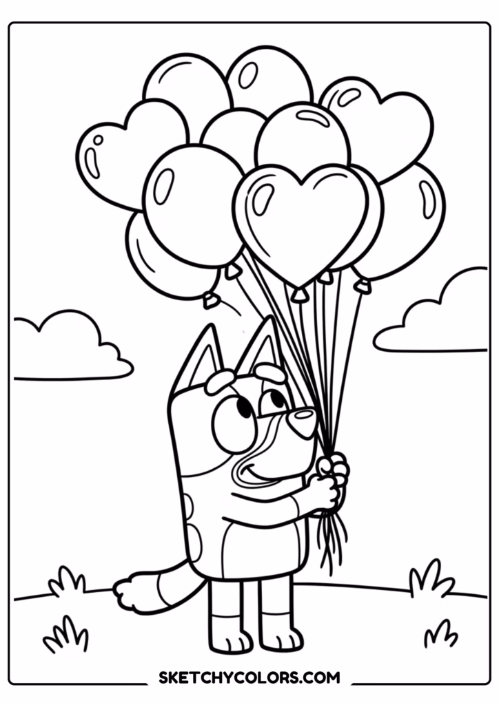 Bluey heart balloons coloring page free printable PDF