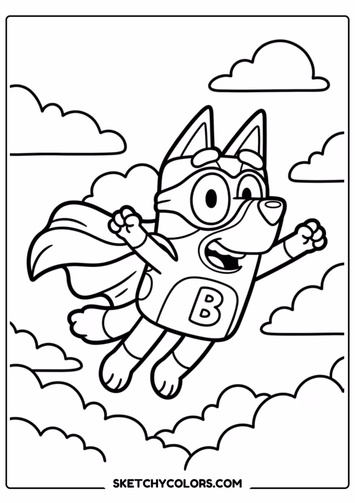 Bluey and Bingo superhero coloring page free printable PDF