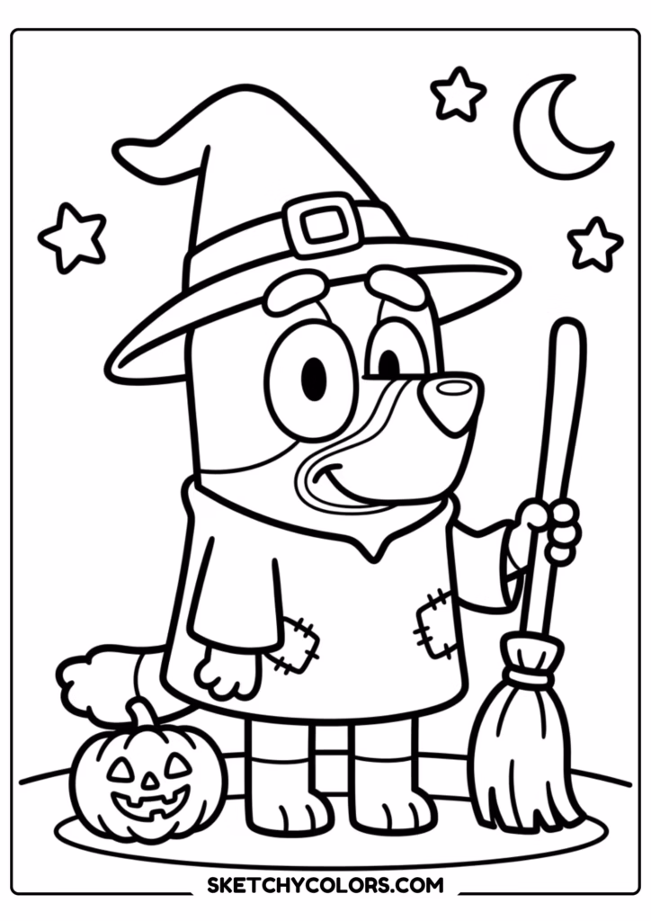 Bluey and Bingo Halloween witch coloring page free printable PDF