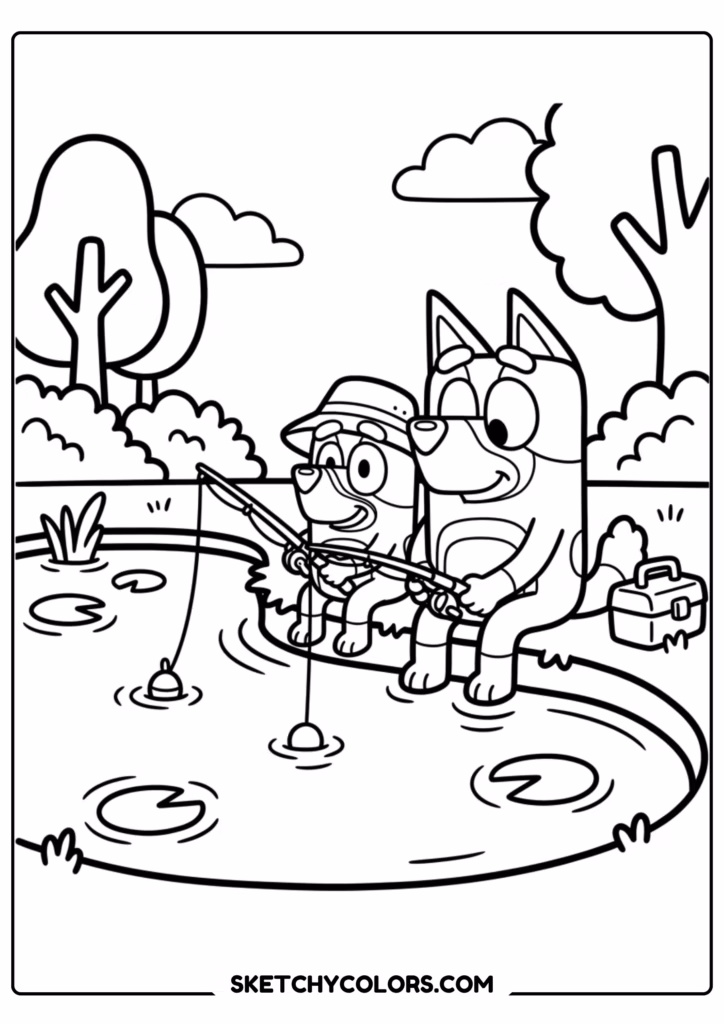 Bluey fishing with Bandit coloring page free printable PDF