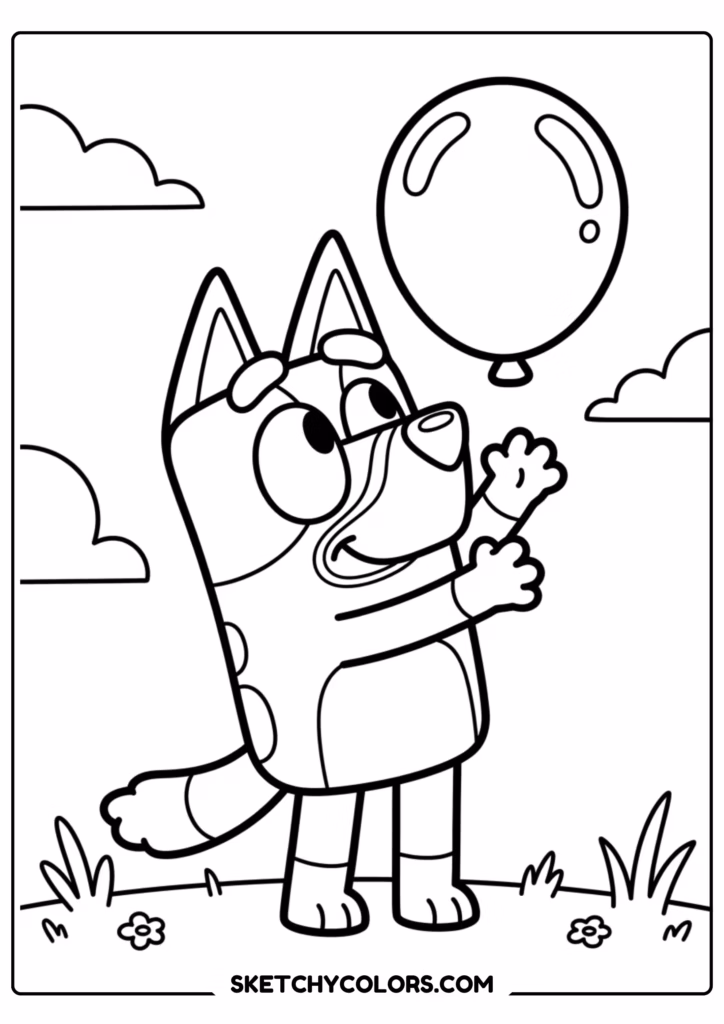 Bluey holding balloon coloring page free printable PDF
